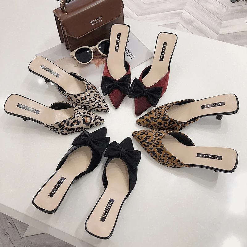 

2019 Spring Summer Fashion High Heels Women Slippers Pointed Toe Outside Leopard Schoenen Vrouw Ladies Thin Heels Female Slides