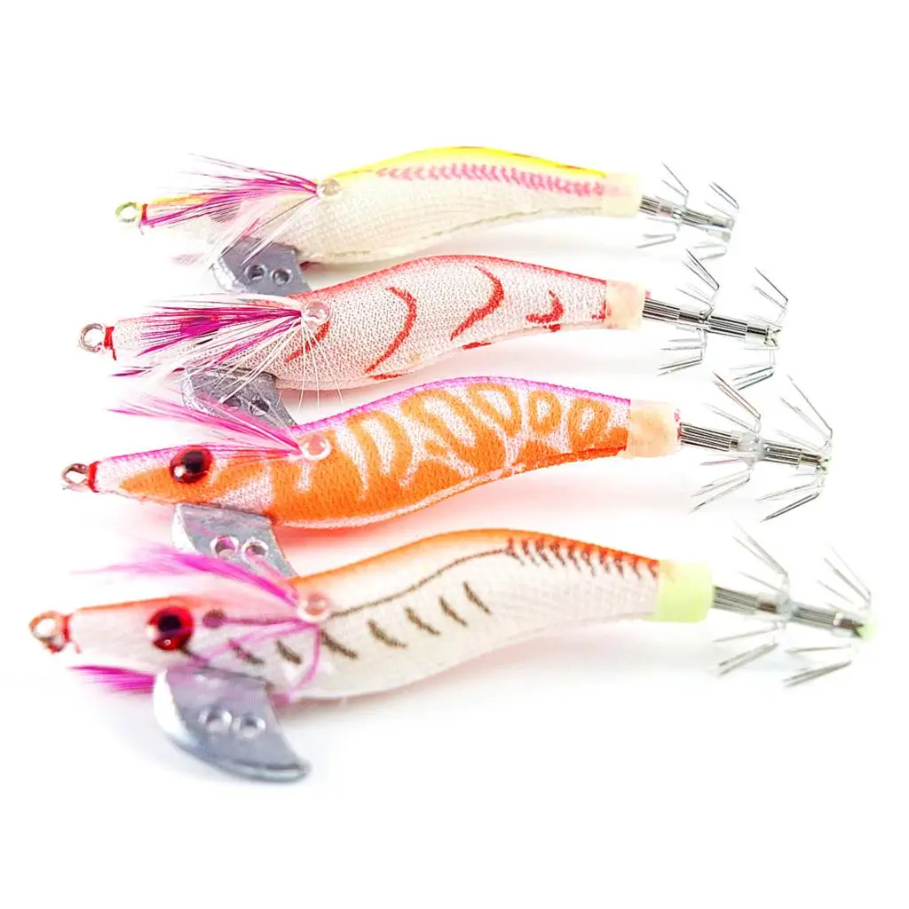 4PCS Fishing Lure Japan 2.0 Hook 12g Minnow Artificial Wood Shrimp Squid Jigs Squid Hook Trout