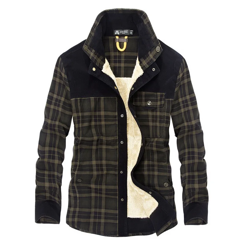 AFS JEEP 2018 New Snow Winter Men Military Fleece Shirt 100% Cotton Warm Male Plaid Long Sleeve Army Men's Dress Shirts Blouses