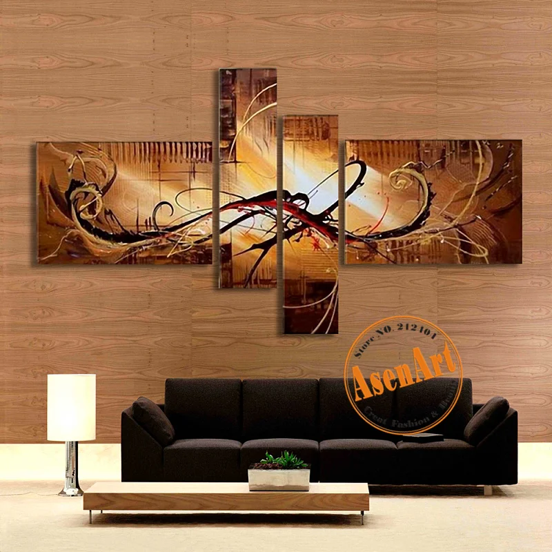 

4pcs Hand Painted Abstract Oil Painting on Canvas Wall Art for Home Decor Modern Abstract Lines Pattern Wall Painitng No Frame
