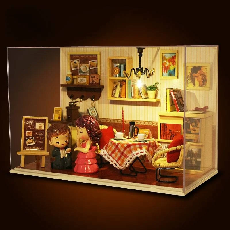 

DIY 3D Handmade Wooden Miniatura Dollhouse Dense Feeling Moment Handmade Model with LED Light+Music+Dolls+Cover Children Gift