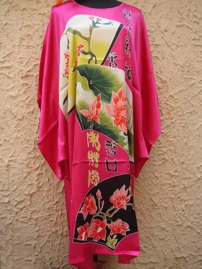 Розовый Живопись китайский Для женщин шелковый халат ночная рубашка юката Цветок Один размер S4011 - Цвет: hot pink