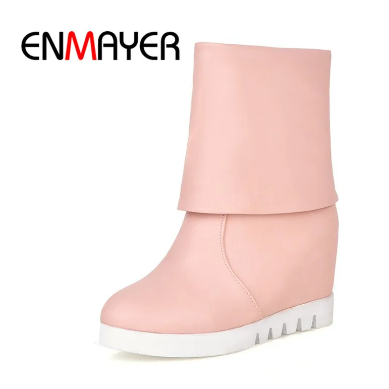 

ENMAYER Size 34-43 Fashion Short Boots Slip-On Soft Leather White Pink Beige Winter  Boots Charming  Snow Boots Women Shoes