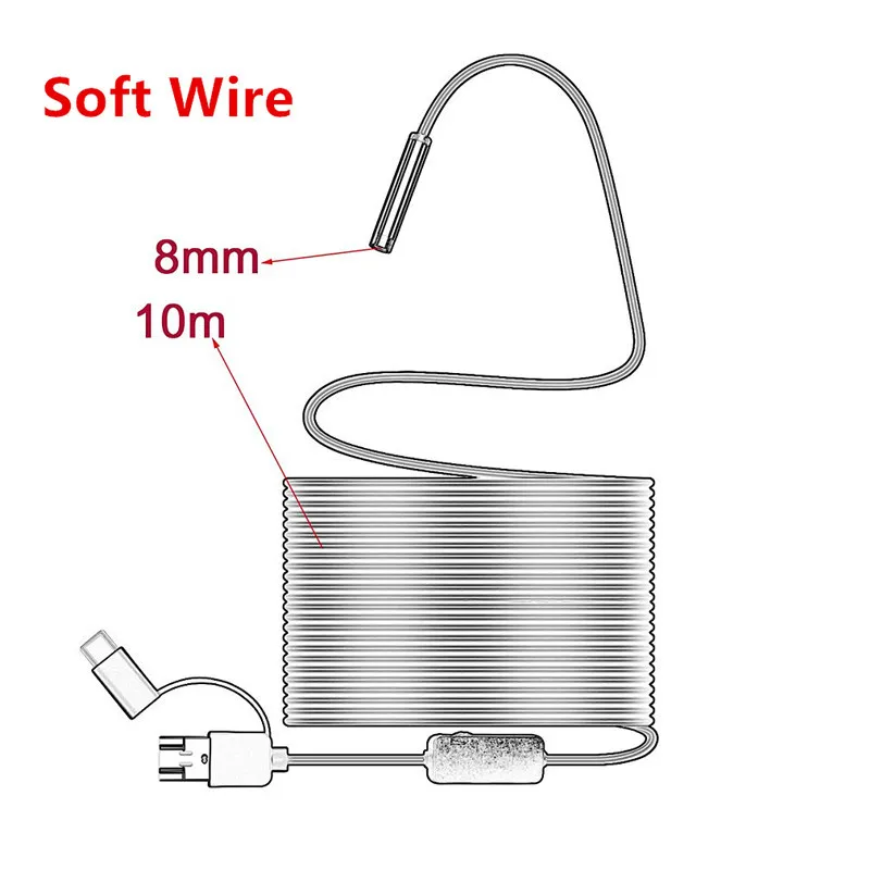 10M soft Cable 3в1 мини камера эндоскоп HD 1200P IP68 Жесткая гибкая трубка Змеиный бороскоп видео осмотр для ПК Android автомобильный эндоскоп 2 м - Цвет: 10M soft Cable