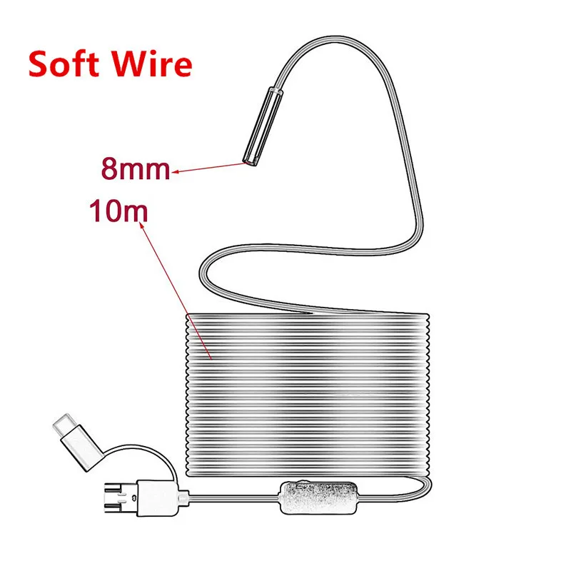 3в1 мини камера эндоскоп HD 1200P IP68 Жесткая гибкая трубка Змеиный бороскоп видео осмотр для ПК Android автомобильный эндоскоп 2 м - Цвет: 10M soft Cable