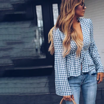 

Fashion Dot Printed Bow Tie Blouse Women Sexy V Neck Flared Sleeve Blouse Shirt Summer Fashion Peplum Tops Femme Blusas