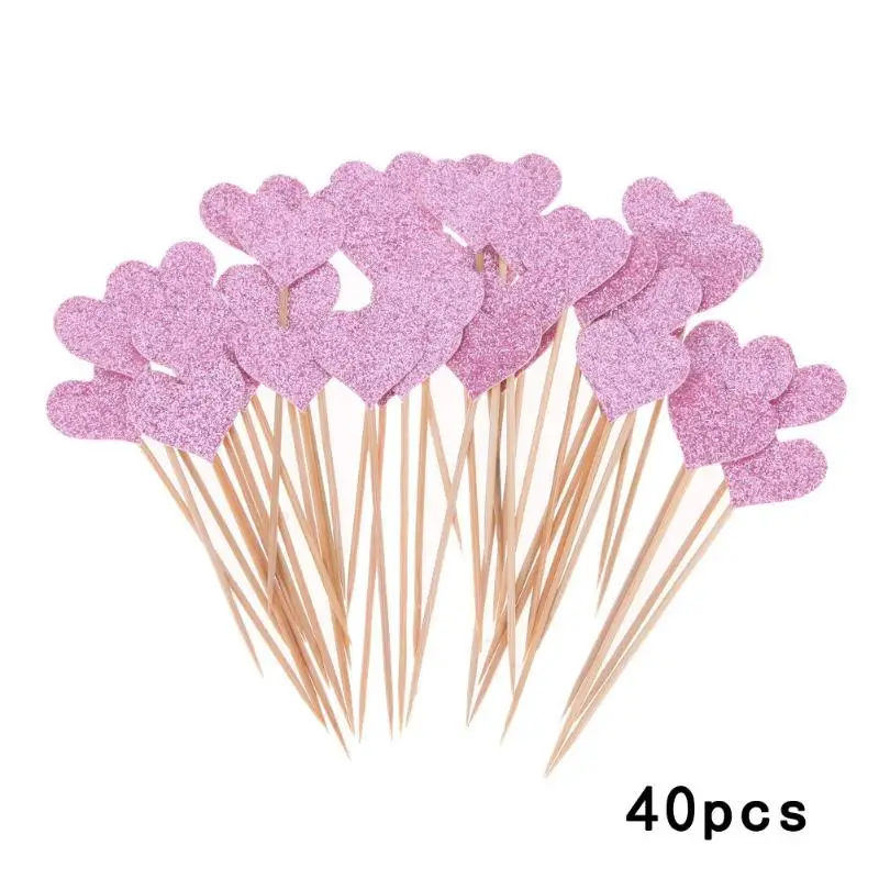 

40pcs/set Colored Bling Heart Shape Cupcake Toppers Insert Cards with Toothpick Wedding Birthday Party Gifts Cake Decorations