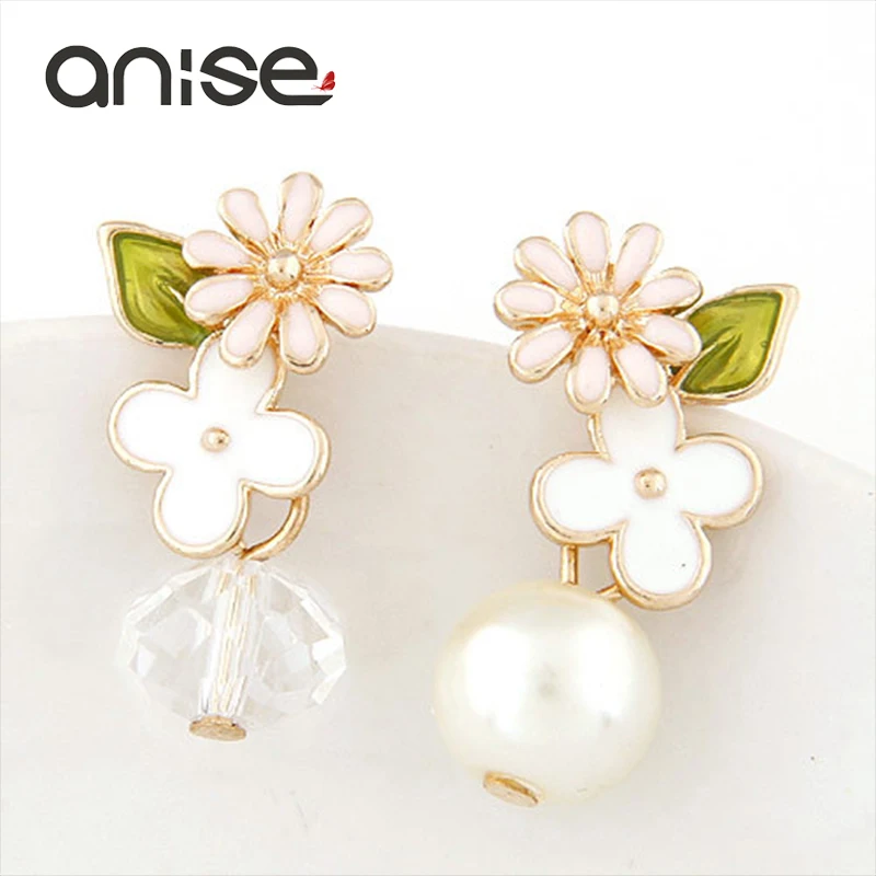 

Anise 2017 New Enamel Daisy Flowers Stud Earrings Sweet Elegant Crystal Imitation Pearl Earrings Asymmetric Boucle D'oreille