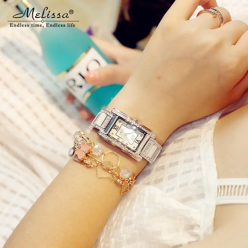 Топ Melissa женские часы Японский кварцевый модный керамический браслет со стразами роскошный хрустальный праздничный подарок на день рождения для девочек