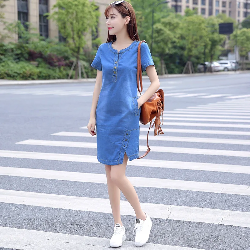 2018 Summer Denim Dress Women Vintage Short Sleeve Plus Size 3XL Jeans Dresses Loose Mini Casual Dress Vestidos European Style