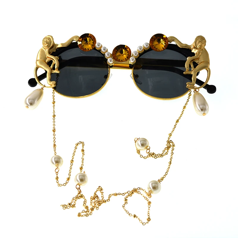 Женские солнцезащитные очки в стиле барокко с золотой обезьянкой, брендовые металлические ретро леопардовые оправы, пляжные Круглые Солнцезащитные очки с металлической цепочкой и жемчугом для женщин