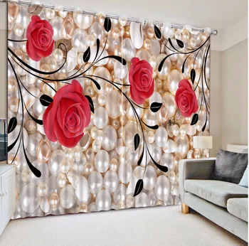 

Red rose Pearl Curtains Decoration European 3D Curtains For Living room Blackout Roaantic Wedding room Bedroom Window Curtain