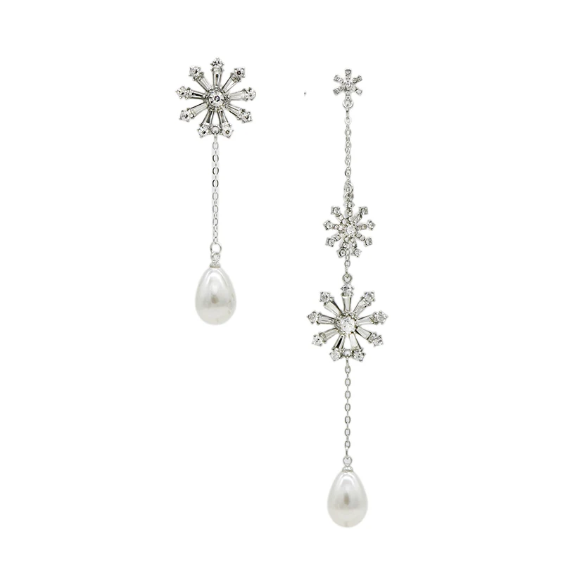 Cute Rhinestone Snowflake Imitation Pearls Drop Earrings Trendy Asymmetry Long For Women Girls Fashion Jewelry | Украшения и