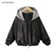 Куртка из искусственной кожи размера плюс, Женская мода, зимняя мотоциклетная куртка-бомбер с карманами на молнии, верхняя одежда с капюшоном