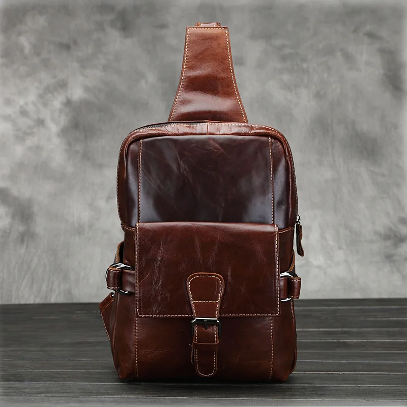 

Retro Large Capacity Oil Waxed Genuine Leather Men Chest Pack Sling Shoulder Bag Travel Messenger Bags Ipad Bag