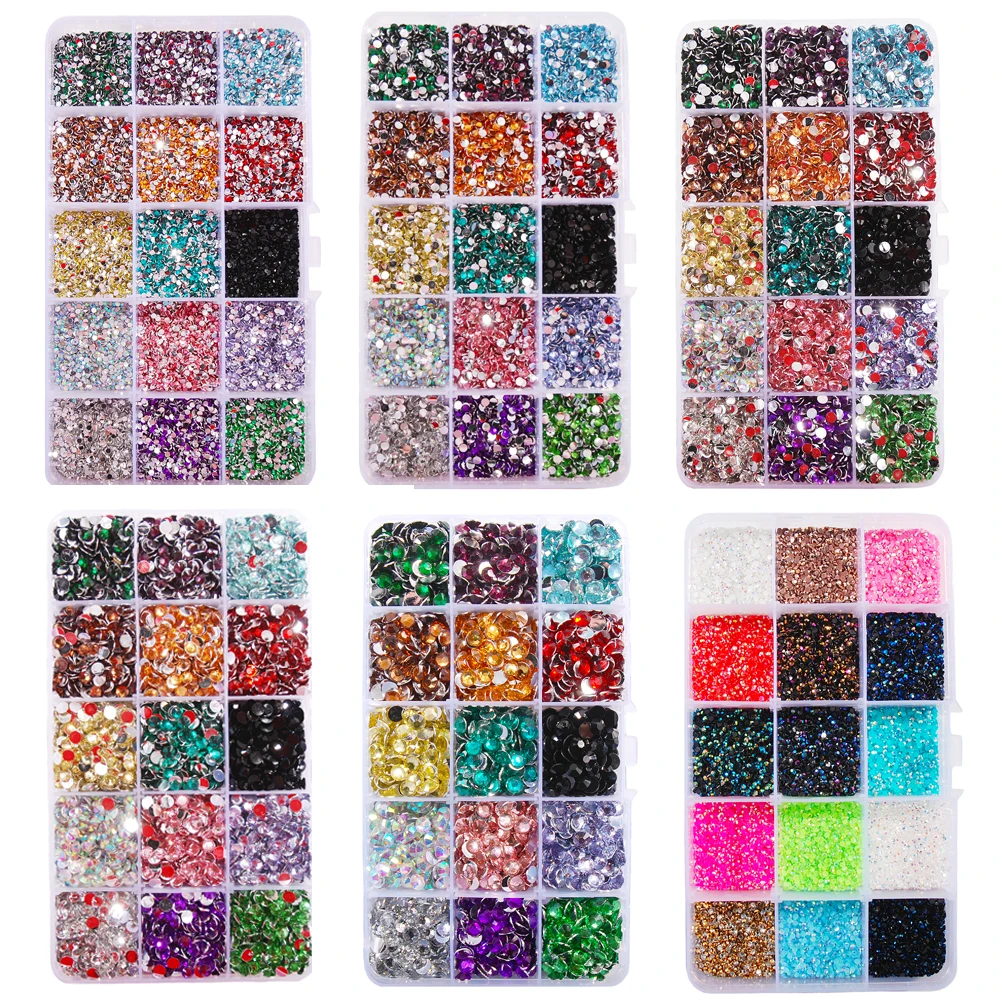 

15000Pcs/Set 2mm Round Resin Rhinestones Non-Hot Fix 3D Flatback Shining Colorful Strass For Design Dress pattern DIY Kit