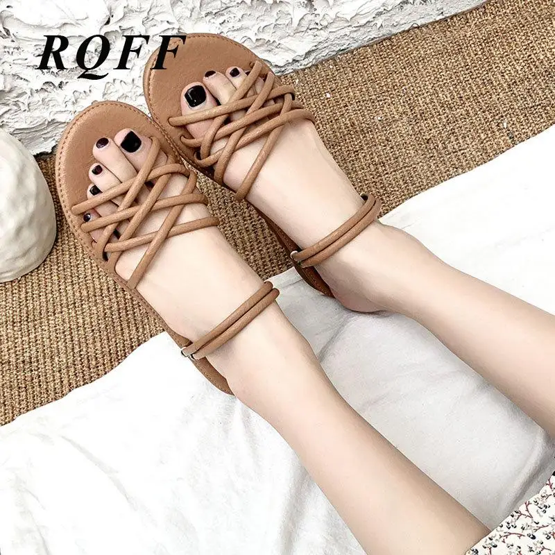 

Flat Sandals Woman Casual Basic Solid Fashion Slides 2019 New Two Way Wear Summer Slippers Women Mules Gladiator Brown Shoes