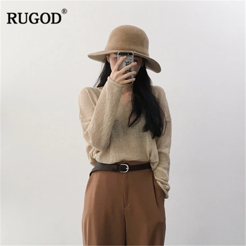 

RUGOD V neck women shirts long sleeves vintage transparent thin casual streetwear office ladies wearing summer femme modis tops