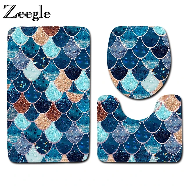Zeegle Fish Scales Printed 3pcs Bath Mats Set Anti-slip Bathroom Floor Mats Toilet Rug Lid Cover Absorbent Bathroom Carpets Set