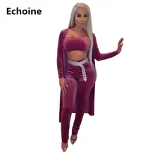 Women Velvet 2 Pieces Set Pants Set Long Cardigan Strapless Top Long Pants Sexy Clubwear Outfit Female Elegant Set Streetwear top quality 2017 autumn winter women sexy runway 2 pieces bandage set long sleeve cardigan coat suit tunic pencil pants set