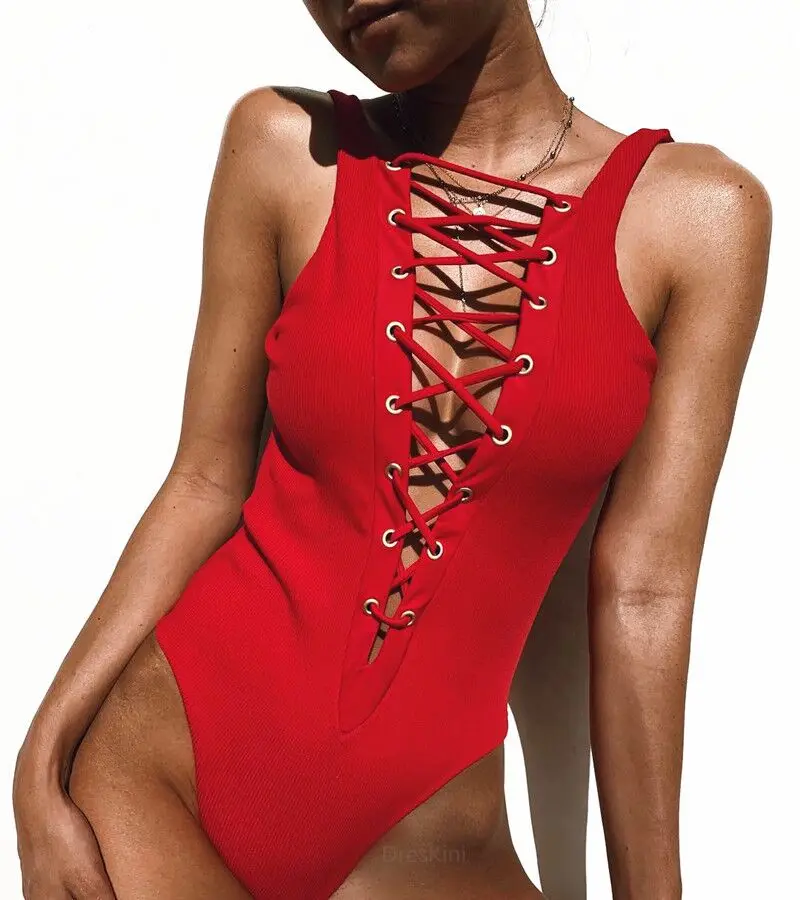 red scoop back swimsuit