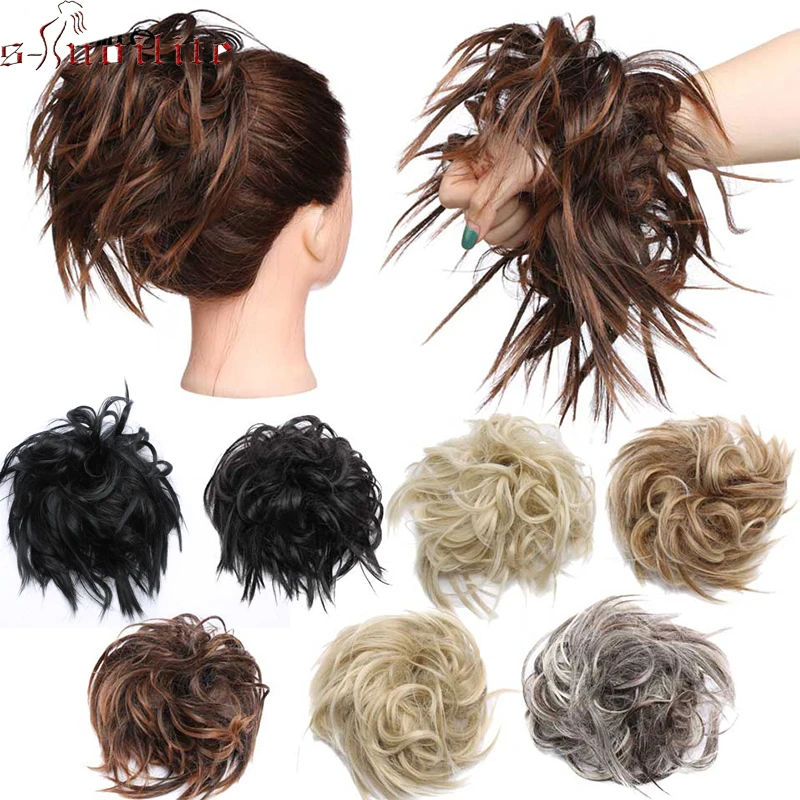 S-noilite 45g Mulheres Extensões de Cabelo Sintético Chignon com Rubber Band Donut Postiços Bun Cabelo Envoltório Rabo de Cavalo Preto Marrom