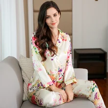 Шелковая пижама, новинка весны, модная женская пижама из шелка, женская сексуальная пижама с принтом, пижама с длинным рукавом, штаны, наборы, повседневная домашняя одежда