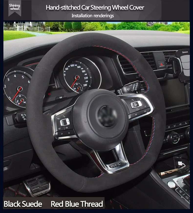 Блестящий пшеничный черный замшевый чехол на руль для Volkswagen Golf 7 GTI Golf R MK7 VW Polo GTI Scirocco