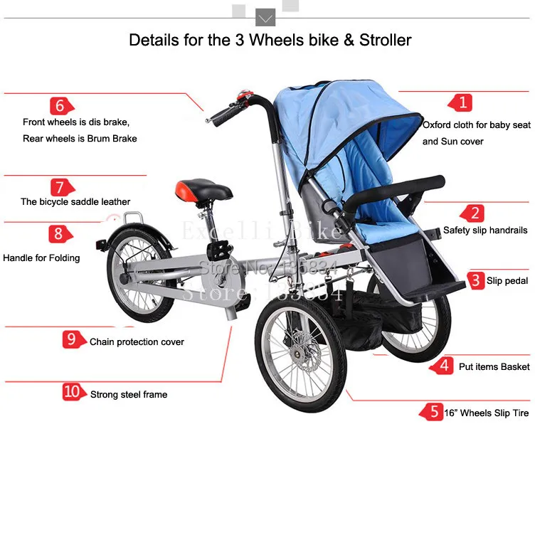 Perfect Whole set sell Folding Bike Pushchair+ 1 Shopping Basket 16" inch Baby Stroller 3 Wheels Mother Bike Convertible Stroller 3 in 1 1