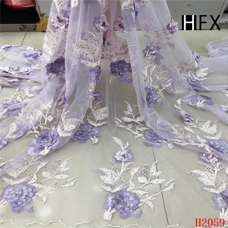 

Purple Color Nigerian Lace fabrics 2019 African 3D Flower High Quality Stones French Tulle Lace Fabric For Nigerian WeddingF2059