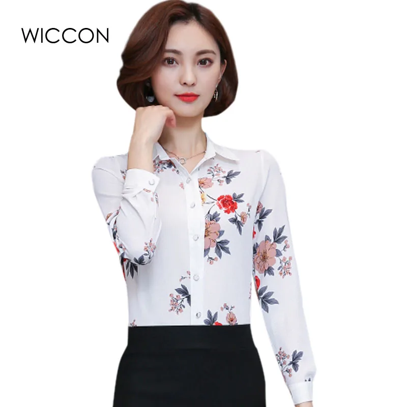 Cheap Autumn Flower Print Office Lady Chiffon Blouses Slim