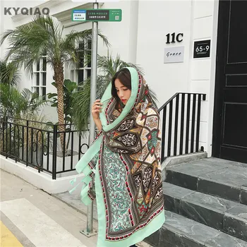 

KYQIAO Boho head scarf 2020 women autumn winter Spain style bohemian ethnic long green print scarf muffler cape shawl