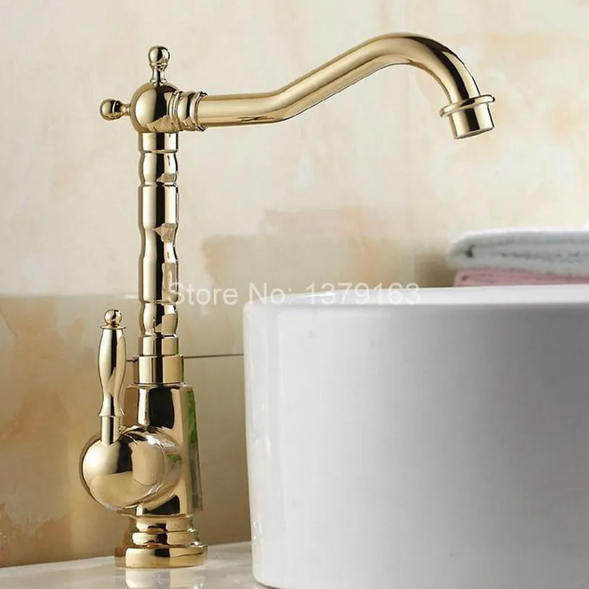  Luxury Modern Gold Polished Brass Single Handle Swivel Spout Bathroom Kitchen Sink Faucet Cold & Ho - 32362139877