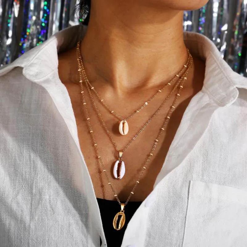 

Trendy Charm Multi Layer Shell Pendent Necklace for Women Bohemian Gold Color Long Chain Choker Summer Beach Necklace Jewelry