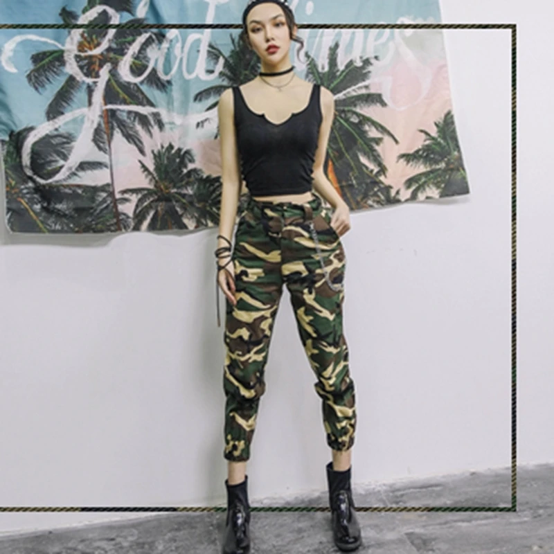 Camouflage Брюки с высокой талией, камуфляжные свободные джоггеры, женские армейские шаровары, камуфляжные штаны, уличная одежда, панк, черные брюки-карго, женские брюки-Капри - Цвет: Camouflage