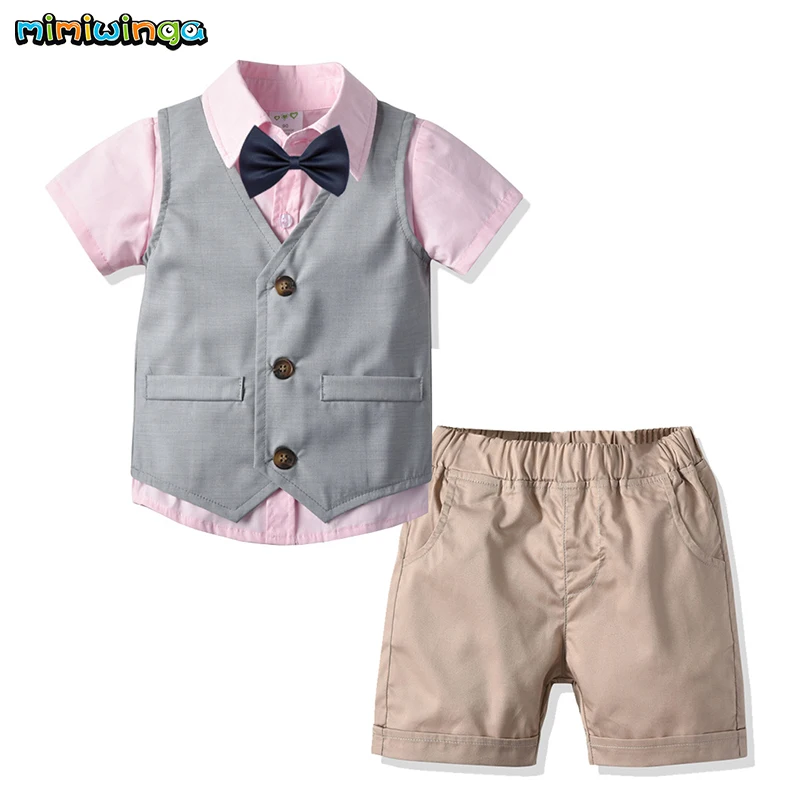 Mimiwinga 3pcs Baby Boys Suit Gentleman Bow Tie Short Sleeve Shirt Vest Tops Elastic Shorts Set Cotton Solid Children's Clothes |