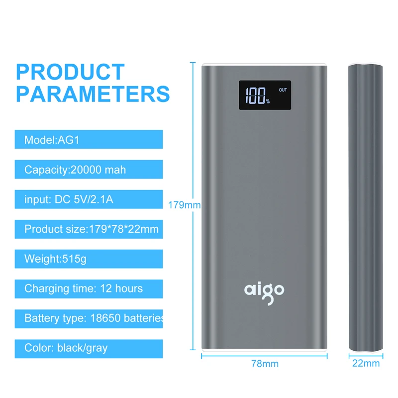 Aigo Мощность Bank 20000 мАч Для Сяо mi 2 USB быстрая зарядка Портативный повербанк для iPhone