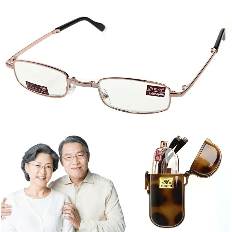 1 шт. мини складные очки для чтения металлический чехол с полной рамкой очки+ 1,00 до+ 4,00