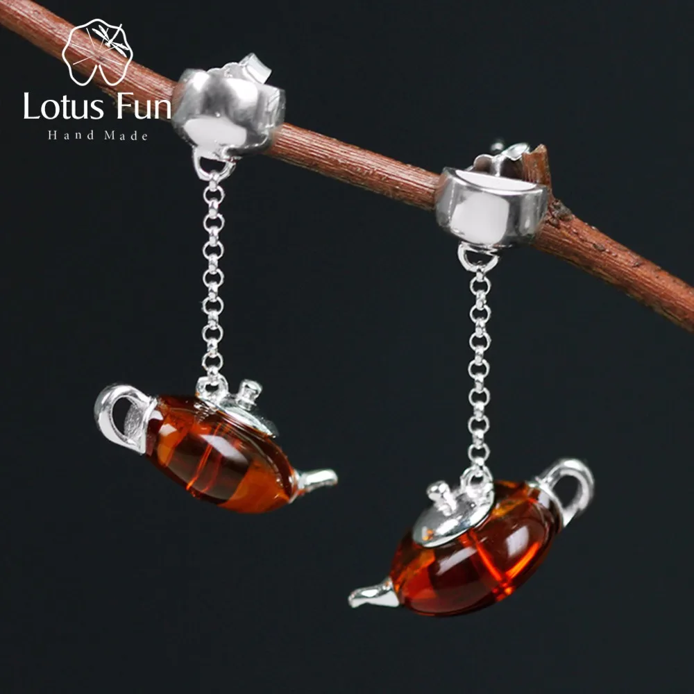 

Lotus Fun Real 925 Sterling Silver Natural Amber Original Handmade Fine Jewelry Cute Teapot Dangle Earrings for Women Bijoux