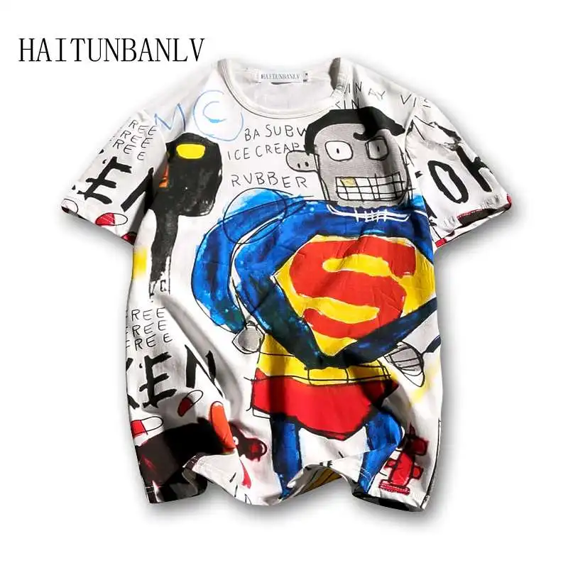 

2019 Summer Fashion New Hip Hop Graffiti Cartoon Superman Casual T Shirts Short Sleeve Tees Harajuku Cotton Streetwear Tshirts