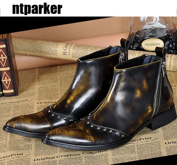 

ntparker Italian Style Men Leather Boots Shoes Pointed Toe Bronze Men's Ankle Boot Fashion Dress Party Botas, Size EU38-46!