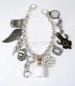 

6pcs Supernatural inspired bracelet Hunter's style Charm Bracelet silver tone salt bottle Charms bracelet