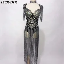 Ночной клуб ведущий танцевальный сценический футболка бодибилдера для женщин DJ певец сексуальная одежда для выступлений Серебристый Черный боди, декорированное камнями кистями комбинезон