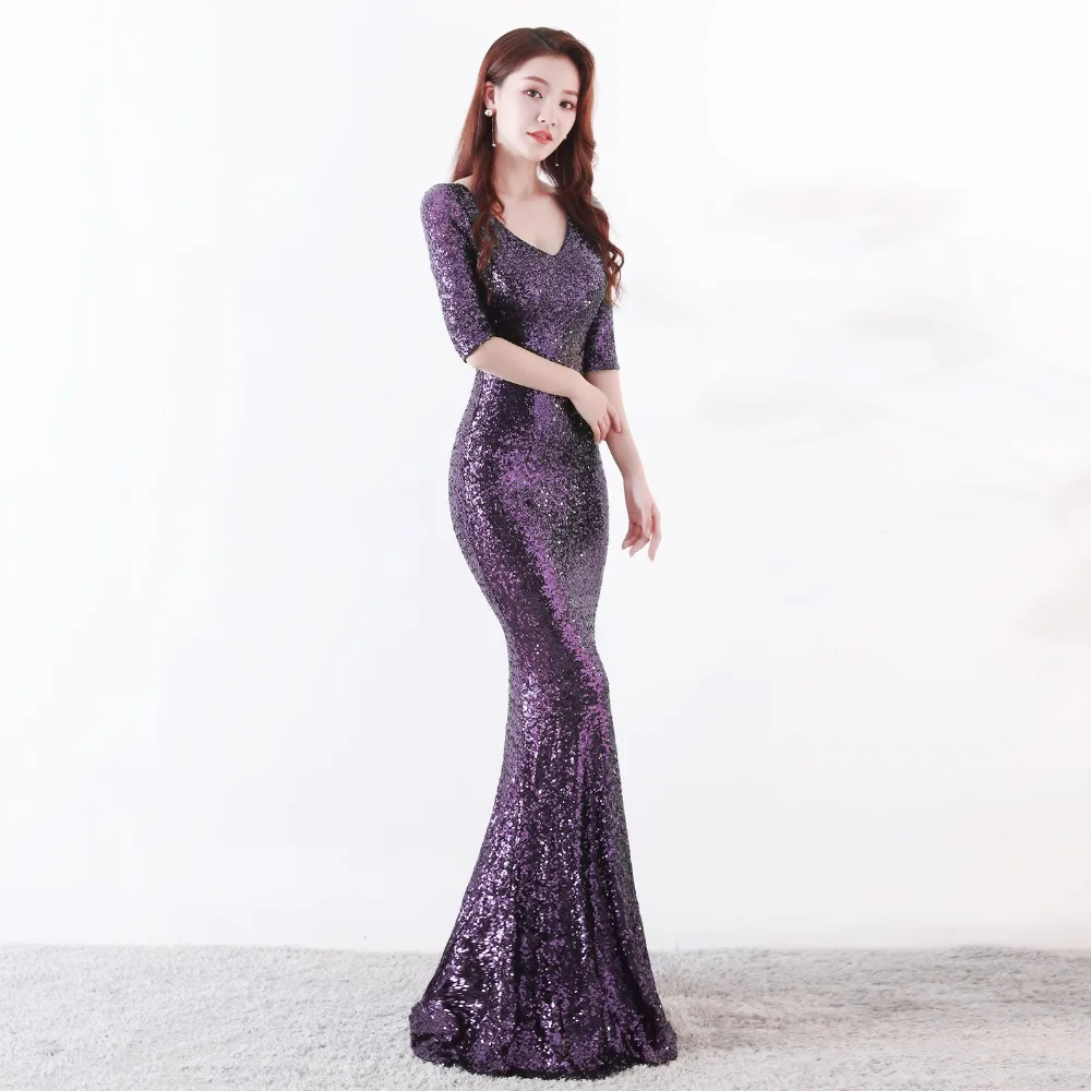 Hot Party Dress Short Sleeve Sexy V-neck Halter Long Self-Cultivation Blingbling Sequined Fishtail Dress Pink Green Slim Dress (13)