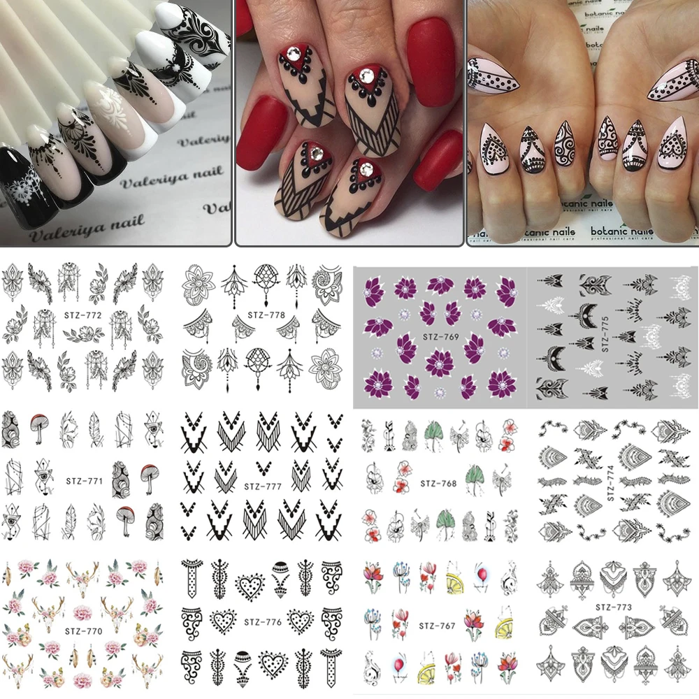 

13pcs/lot Nail Stickers Black Jewelry Nail Decals Flowers Water Transfer Wrap For Nail Art Manicure Accessories TRSTZ766-778-1