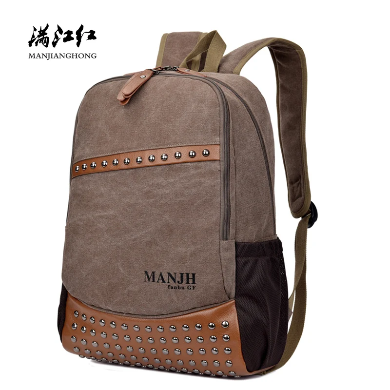

New Vintage Canvas Men Laptop Backpack Rivet Large Patchwork Leather Travel Backpack Men Casual School Bag For Teenage Boys 1300