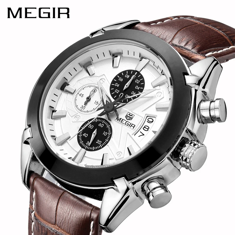 MEGIRTOpLuxury брендовые военные часы мужские quartzchronopole 6 Hands кожаные спортивные