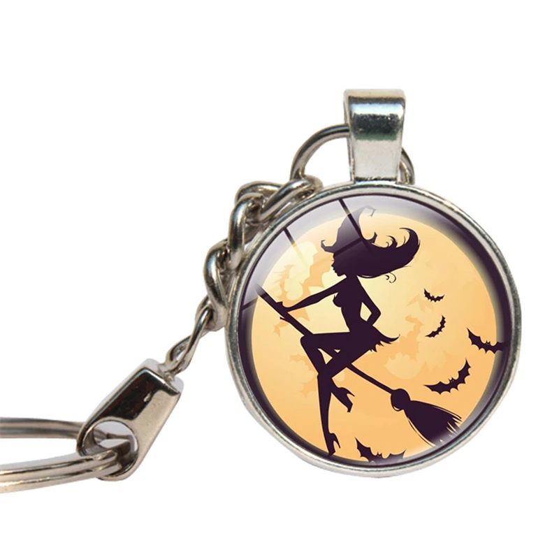 Halloween Keychain Witch Glass Cabochon Vintage Pendant Jewelry Pumpkin