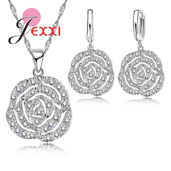 Fashion 925 Sterling Silver Crystal Jewelry Sets Luxury Vintage Party Rose Flower CZ Necklace&Earrings Fine Jewelry Fashion 925 Sterling Silver Crystal Jewelry Sets Luxury Vintage Party Rose Flower CZ Necklace&Earrings Fine Jewelry