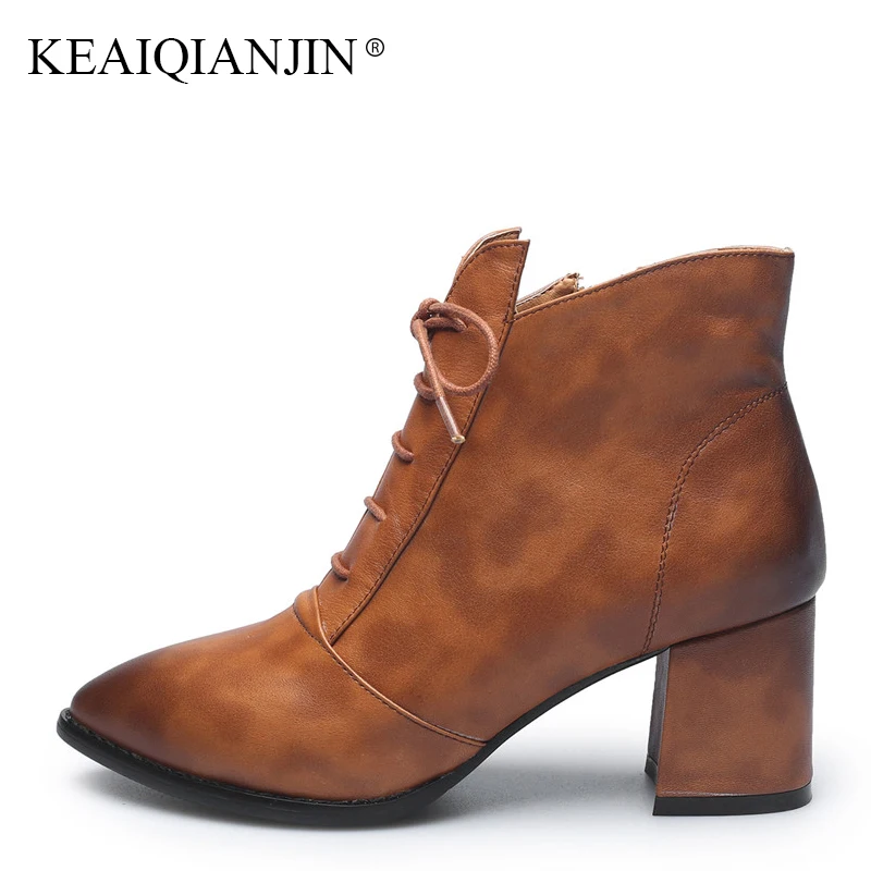 

KEAIQIANJIN Woman Yellow Lace Up Martin Ankle Boots Autumn Winter Plus Size 33 - 42 Genuine Leather Punk Round Toe Ankle Boots